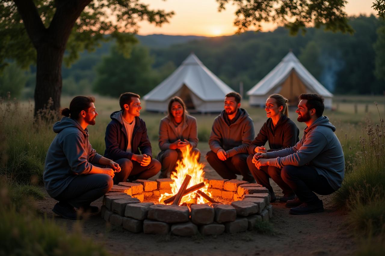 Team gathered around a fire circle in the evening